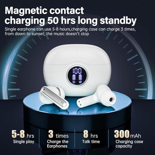 Fhumsh Wireless Earbuds, Bluetooth 5.3 Headphones HiFi Stereo 50H Playback LED Digital Display Ear Buds with ENC Noise Canceling Headset, IPX7 Waterproof Earphones for Gym/Running/Work (White)
