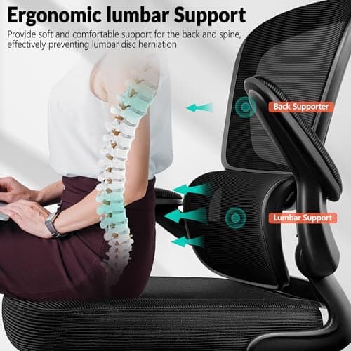 BESTFAIR Office Chair Ergonomic Desk Chair, Breathable Mesh Comfy Chair with Lumbar Support, Computer Chair, Home Desk Chair with Flip-up Armrests, Gaming Chair for Adults Home Office (Black)