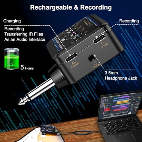 LEKATO Micro Guitar Headphone Amp Bass Guitar Headphone Amplifier with Multi Effects - Amp Models, IR Loading, Tuner, Rechargeable Electric Headphone Amplifier Delay Reverb Chorus Overdrive Portable