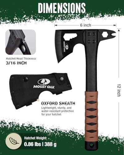 MOSSY OAK 12" Camping Axe and Survival Hatchet with Sheath, Compact Outdoor Multitool Hatchet with Hex Wrench Slots, Non-Slip Dual-Color Handle, Small Camping Gear for Hiking, Chopping, Hunting