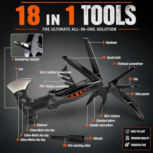 18-in-1 Multitool Hatchet Camping Axe with Hammer & Knife with Protective Sheath, Survival Gear for Men Dad, Emergency Car Tool & Hiking Accessories, Cool Gadgets for Outdoor Hiking Emergency