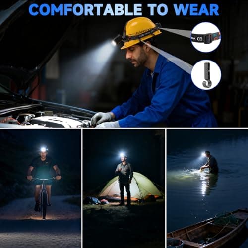 Rechargeable Headlamp High Lumen, 3000L Super Bright Head Lamp, 90° Rotatable Head Lights for Forehead, Adjustable Focus Headlight Flashlight, 4Modes LED Headlamps for Adults Hardhat Camping (2Pack)