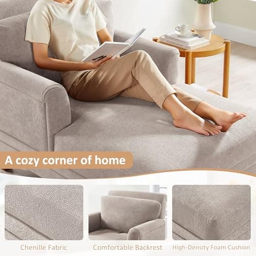 VANOMi 57.48'' Chaise Lounge Chair Indoor, Modern Chenille Chaise Lounge Couch with Adjustable Deep Backrest, Upholstered Leisure Recliner Chair for Living Room, Apartment, Bedroom, Camel Color