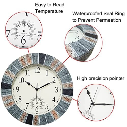 UMEXUS Outdoor Clock with Thermometer, 13 Inch Retro Large Waterproof Wall Clocks Indoor Silent Non-Ticking Battery Operated Weatherproof Decor for Garden Kitchen Bathroom Mother Gift