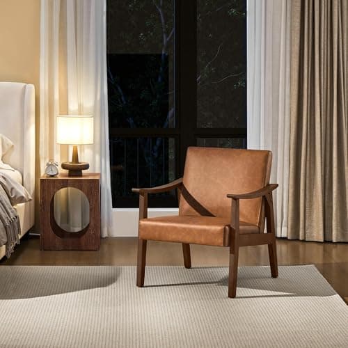 Yaheetech PU Leather Accent Chair, Mid-Century Modern Armchair with Solid Wood Legs, Reading Leisure Chair with High Back for Living Room Bedroom Waiting Room, Brown