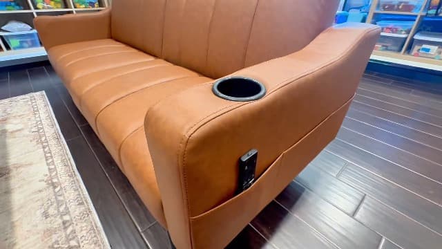 Brelice 80'' Leather Couch, Futon Sofa Bed, Faux Leather Couch with Adjustable Backrest, 2 Cup Holders & Side Pockets, Mid Century Modern Sofa for Living Room, Bedroom, Brown