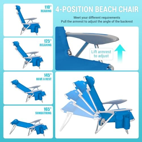 #WEJOY Beach Chair for Adults, Reclining Adjustable Position,Lay Flat Lightweight Folding Portable Aluminum Chair with Backpack Straps,Padded headrest, Heavy Duty 400 lbs Lawn Chair for Beach, 2 Pack