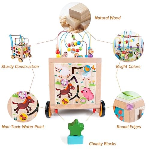 Wooden Baby Walker | Baby Push Walker with 9-in-1 Activity Cube, Sit to Stand Learning Walker Toy with Wheels for Boys Girls, Montessori Activity Center Walker, Adjustable Speed & Height