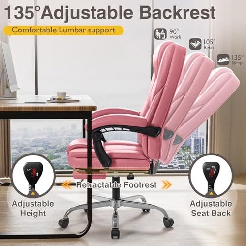 Shahoo Executive Office Chair with Massage, Ergonomic Reclining High Back Leather Seats with Footrest and Lumbar Support, Big and Tall, 400Lbs Heavy Duty, Pink