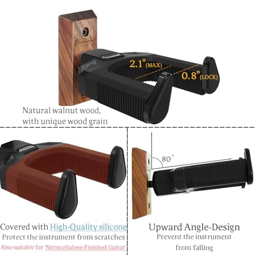 Onmiwod Guitar Wall Mount, Auto Lock Black Walnut Wood Guitar Hanger, Guitar Wall Hangers, Guitar Holder Hook Wall Stand for Classical, Acoustic, Electric Guitar, Bass, Gift for Guitar Player