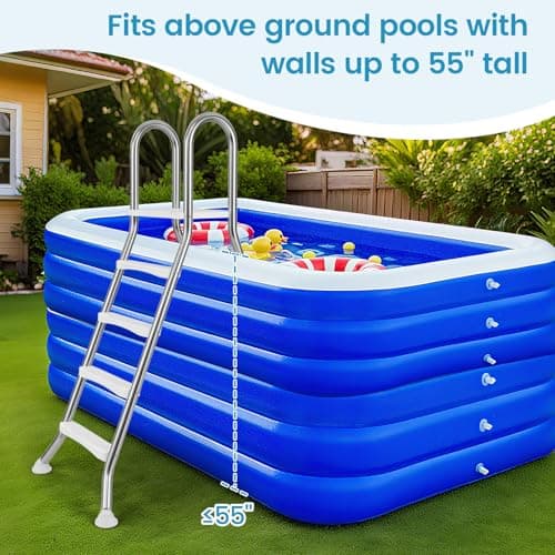 Goplus 4-Step Steel Frame Above Ground Swimming Pool Ladder for 55" Pool Wall Heights, Double-Sided Entry & Exit Ladder w/Non-Slip Steps, Top Platform, Rotating Foot Pads