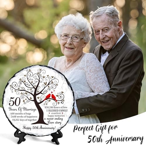 Golden Couple Slate Plate – 50th Wedding Anniversary for Parents, Gifts for Husband and Wife – Unique Decorative Keepsake Sign to Celebrate 50 Years of Love and Marriage