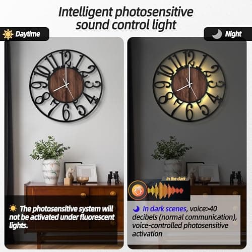 LEIKE Large Wall Clocks with Night Light Battery Operated,Silent Non Ticking,Rustic Modern Big Wood Clock for Living Room, Bedroom,Kitchen,Farmhouse,Office,Home Decor-20 Inch(Black-Arabic Number)