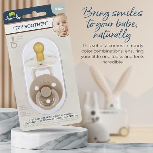Itzy Ritzy Natural Rubber Newborn Pacifiers (Set of 2) – Baby Pacifiers with Cherry-Shaped Nipple & Large Air Holes for Added Safety; Set of 2 Binkies in Coconut & Toast (Ages 0 – 6 Months)