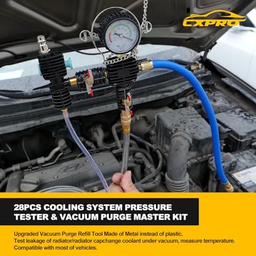 28pcs Universal Radiator Pressure Tester Kit, Tester Pneumatic Vacuum Cooling System Purge Refill Leak/Refiller Set, Universal Automotive Domestic/Import Vehicles, Motorcycle