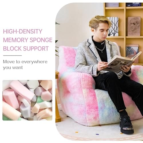 Bean Bag Chair with Filling, Faux Fur Comfy BeanBag Chairs for Teens, Adults, Bedroom, Living Room, Reading - Rainbow