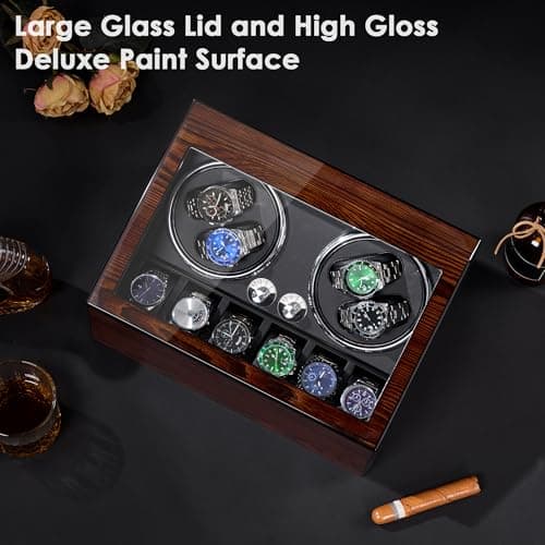 BEWISHOME BEWISHOME Watch Winders for Automatic Watches, Automatic Watch Winder Box Watch Spinner with LED Light, 4 Watch Winder with Quiet Running Motor and 6 Storage Case for Man/Woman's Watches, Brown SYQ01Y
