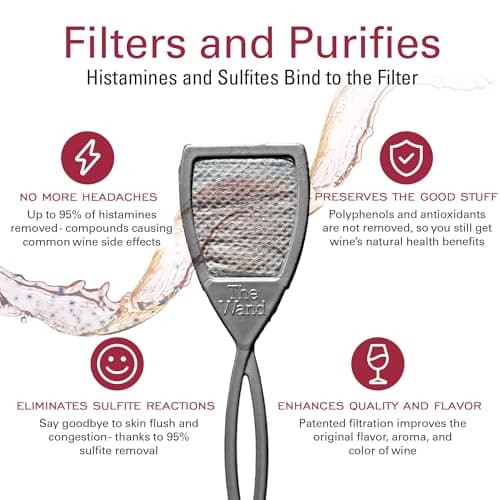 PureWine The Wand Wine Purifier - Red & White Wine Filters for Histamines & Sulfites, Sulfite Remover Sticks, Helps Allergies & Headaches, Gift Accessories for Women & Men - 8 Wands, Silver