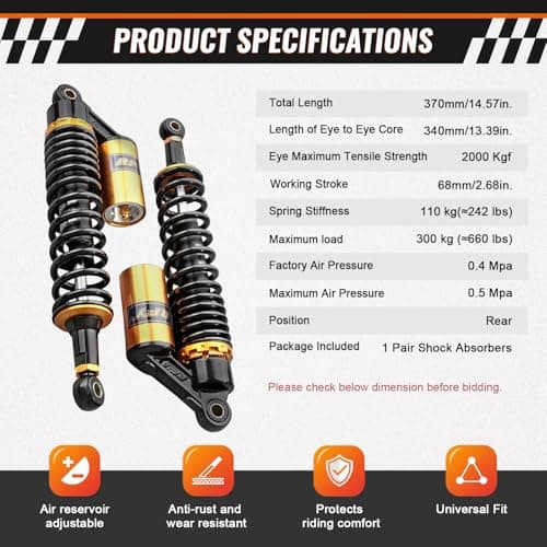 GZYF 13.4 inch Universal Motorcycle Rear Air Shock Absorbers 340mm for HONDA for Suzuki for Yamaha for Kawasaki ATV Go Kart Quad Dirt Sport Bikes,Gold