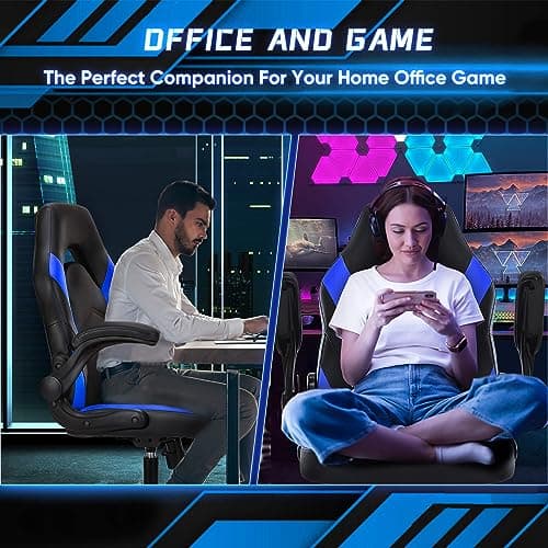 OLIXIS Computer Gaming Chair - PU Leather Ergonomic Lumbar Support with Flip-up Armrest and 360° Swivel Wheels, Height Adjustable Task Home Office Desk Video Racing, Black and Blue