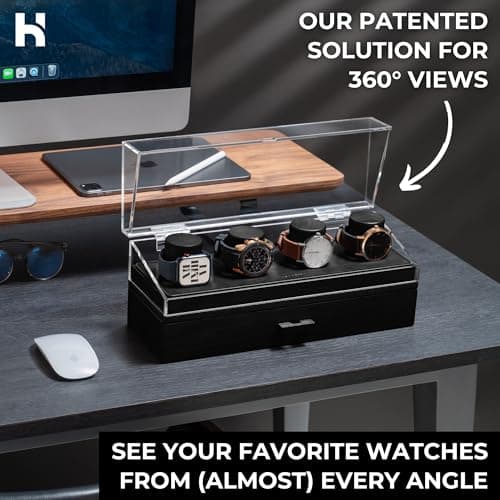 Holme & Hadfield Premium 4-Slot Wooden Watch Display Case – Handcrafted Men’s Watch Box with Accessory Drawer, Hinged Cover, Leather Lining – Birthday Gift for Collectors – Luxury Built to Last