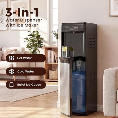 3 in 1 Water Cooler Dispenser with Ice Maker, Bottom-Loading Water Cooler Hot and Cold for Home & Office, 33lbs/24H Bullet Ice, Top Loading 3-5 Gallon, Child Safety Lock, Ice Ready in 7 Mins