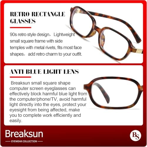 Breaksun Retro Rectangle Glasses for Women Men Small Square Blue Light Blocking Glasses Vintage Eyeglasses