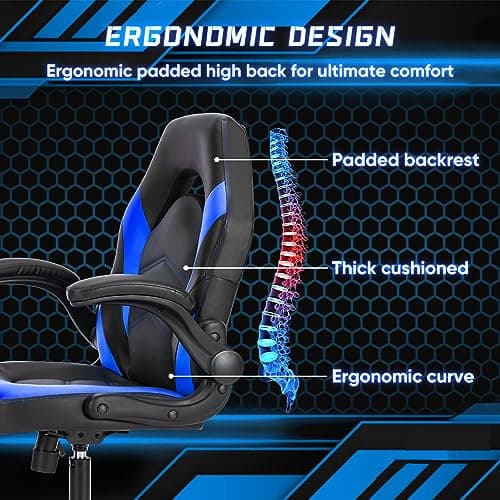 OLIXIS Computer Gaming Chair - PU Leather Ergonomic Lumbar Support with Flip-up Armrest and 360° Swivel Wheels, Height Adjustable Task Home Office Desk Video Racing, Black and Blue