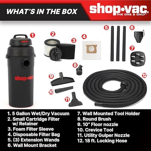 Shop-Vac 9522205 5 Gallon 5.5 Peak HP Hangup Wet/Dry Vacuum, 1.25 Inch Diameter x 18 Foot Hose, 6 Foot Cord, Wall Mount Included, Ideal for Garage, Workshop & Home