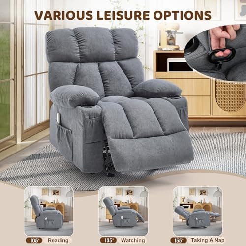 Massage Rocking Recliner Chair, Ergonomic Recliners Sofa with Vibration Massage & Heat, Rocking Chair Nursery Chair for Living Room Lounge with 4 Pockets, 2 Cup Holders, USB Charge Port, Grey