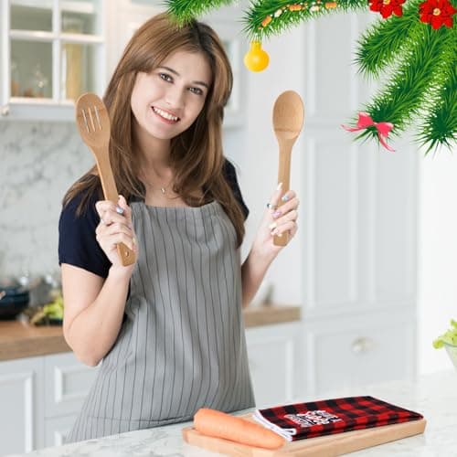 Pinkunn 8 Set Christmas Kitchen Gifts Bulk Xmas Dish Towels and Wooden Spoons Pine Picks Thank You Tag Ribbon Holiday Cooking Utensils Housewarming Gifts for Neighbor Employee Kitchen Xmas(Festive)