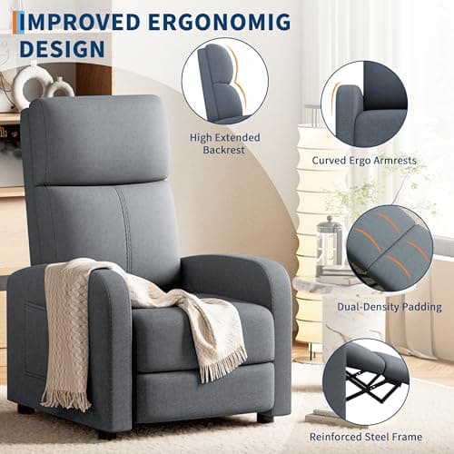 GarveeHome Linen Fabric Manual Recliner Chair, with Side Pocket, High Backrest, Thick Cushion, Adjustable Push Back Recliner,Cozy Lounge Chair for Living Room, Home Theater, Bedroom, Dark Gray