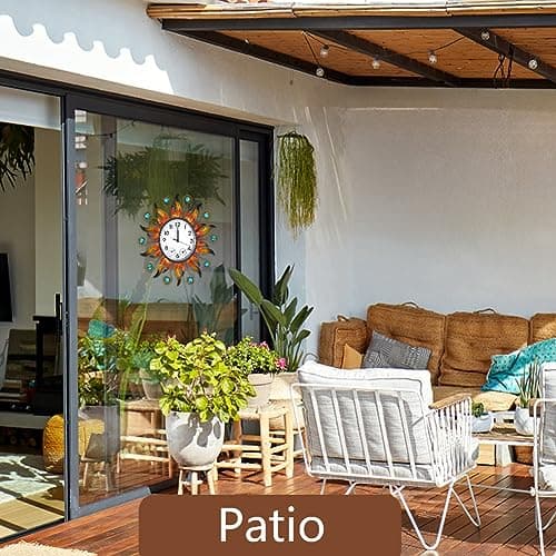 HOBYLUBY Sun Outdoor Clock with Thermometer and Hygrometer Combo, Silent No-Ticking Outdoor Wall Clock, Waterproof Quartz Clock for Patio, Living Room, Kitchen, Garden, 13 Inch