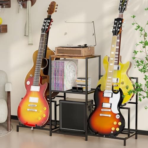 VGMiu Guitar Rack Multi Guitar Stand for Multiple Guitars, Multiple Guitar Rack Holder with 3 Tier Shelf for Acoustic, Electric Guitar, Bass, Record Player, Guitar Display Stand for Home Music Studio