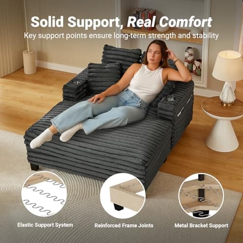 Amsleekey 64" Chaise Lounge Chair Indoor, Oversized Sleeper Chair with Wood Frame, Upholstered Sofa Bed for Living Room, Movie Room, Bedroom with 4 Storage Pockets&2 Cup Holders(Plush Corduroy, Grey)