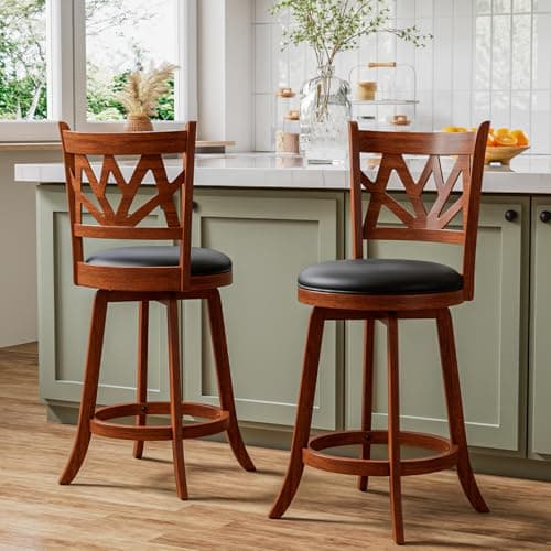 Swivel Barstools Set of 4, Farmhouse 24" Counter Height Bar Stools with Backs, Lotus Pattern Carved Bar Chair with Solid Wood Legs & Footrest for Kitchen Island, Home Bar, Pub. Brown