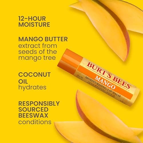 Burt's Bees Lip Balm - Pink Grapefruit, Mango, Coconut & Pear, and Pomegranate Pack, Lip Moisturizer With Beeswax, Tint-Free, Natural Origin Conditioning Treatment, 4 Tubes, 0.15 oz.