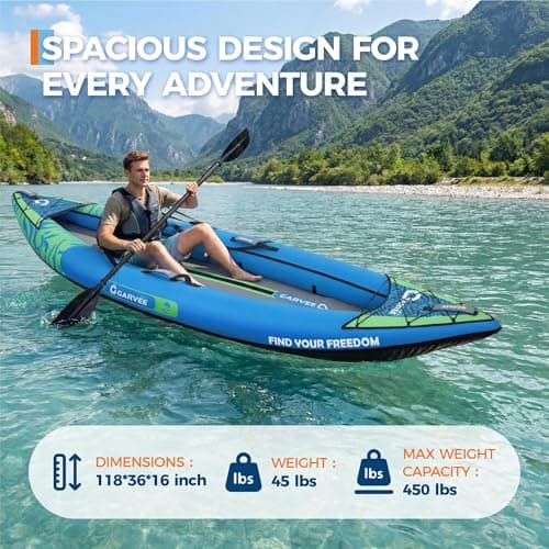2 Person Inflatable Kayak，Fishing Kayak for Adults, Portable Touring Kayaks with Padded Seat, 3 Fins, Hand Pump, Carry Bag, Repair Kit，12.5FT/450 LBS Weight Capacity