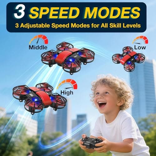 Red Mini Drone for Kids, Indoor & Outdoor RC Quadcopter, Full Propeller Guards, LED Light, 3D Flips, One Key Start, Headless Mode, 2 Rechargeable Batteries, 21 Mins Total Flight Time, Toy Gift for Boys and Girls