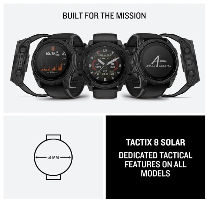 Garmin Tactix 8, 51mm Solar, Elite, Titanium Bezel, Sapphire Lens, Premium Tactical GPS Smartwatch, Includes Applied Ballistics Ultralight Elite Solver, 40M Dive Rating w/Wearable4U PowerBank Bundle