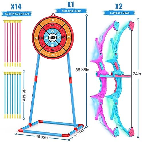 2 Pack of Kids Bow and Arrow Set, Light Up Archery Toy Set with 14 Suction Cup Arrows & Standing Target, Perfect Kids Indoor and Outdoor Toys for 4 5 6 7 8 9 10 Year Girls Boys Birthday Gifts Ideas