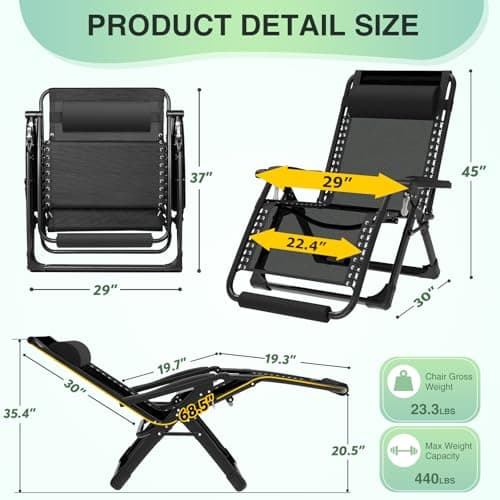 Suteck Oversized Zero Gravity Chair,29In XL Lounge Chair w/Removable Cushion&Headrest, Reclining Camping Chair w/Upgraded Lock and Footrest, Reclining Patio Chairs Recliner for Indoor Outdoor