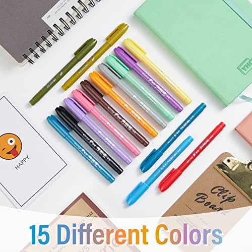 Sign Brush Pen, 15pcs Calligraphy pen Flair Pens Fine Point(0.4mm) Assorted Colors, Felt Tip Pens Art Brush Marker, Journaling Pen Set for Beginners Adult Hand Lettering Calligraphy