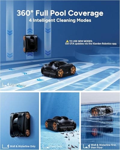 iGarden 4-in-1 Robotic Pool Cleaner, 3.6H Cordless Pool Vacuum for Inground & Above Ground Pools, Touchscreen & APP Control, Smart Navigation & Self-Parking, Cleaning Floor, Wall & Waterline, Black