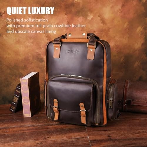 STAR VISTA Bernini Vintage Full Grain Leather Camera Backpack for DSLR/SLR, Camera Case for Photographers, with Tripod Holder, Fits 15.6" Laptop, Casual Outdoor Rucksack, YKK Zippers
