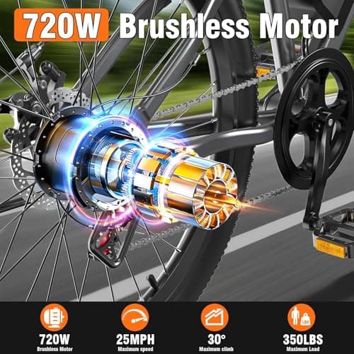 Electric Bike for Adults, 26" Commuter Ebikes with 7-Speed Gears, 25MPH Lightweight E Bike, 720W Peak Motor, 375Wh Removable Battery, 50 Miles Range, Electric Mountain Bicycle for All Terrain