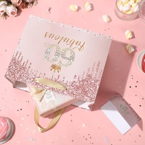 Yoirrat Rose Gold 60th Birthday Gift Bag for Women 60 & Fabulous Large Pink Happy 60th Birthday Gift Bag with Wrapping Paper and Card for 60th Bday Decorations Party Supplies