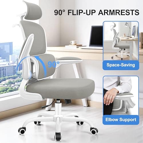 ALLGOD Ergonomic Office Chair, Mesh Desk Chair with Lumbar Support, High Back Home Office Chair with Adjustable Headrest and Flip-Up Arms, Comfortable Computer Chair, Thick Cushion, 300 LBS, LightGray