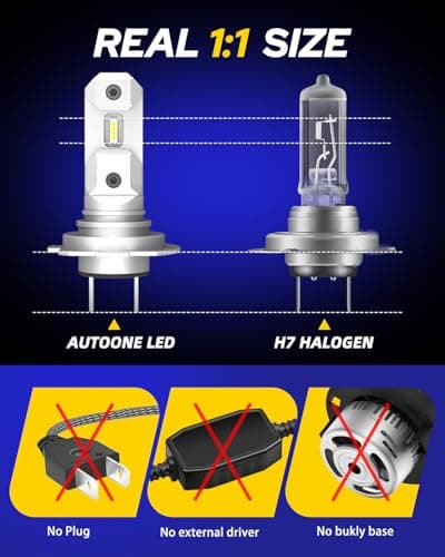 AUTOONE H7 LED Light Bulbs, 1:1 Mini Size, 50,000LM Brightness, No Flicker 6500K Cool White, Easy 3 Min Plug and Play, IP68 Rated, Long Lifespan, 2 PCS