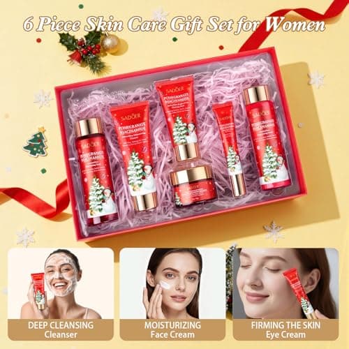 Christmas Gifts 6 Pcs Skin Care Set Pomegranate Moisturize Soothe Hydrate Gifts for Teenage Girls Stocking Stuffers Christmas Gifts for Women-Cleanser,Toner,Lotion,Face Cream,Eye Cream,Sleep Mask